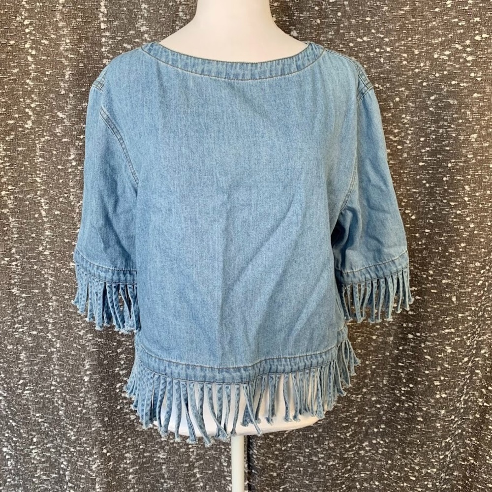 VTG Color Me Cotton Women's Denim‎ Fringe Top Scoop Neck Size M